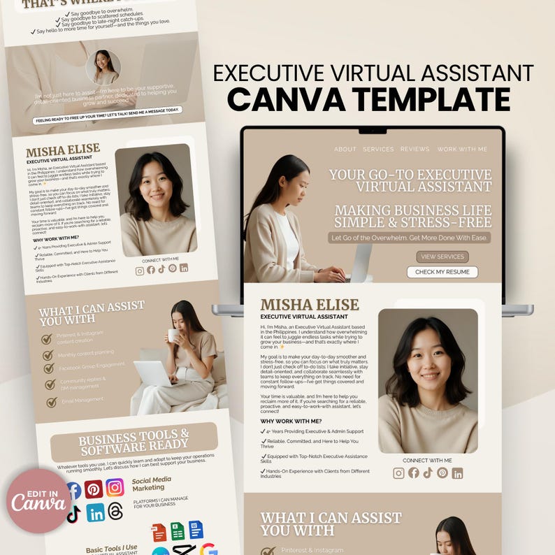 Editable Canva website template for virtual assistants in neutral beige – perfect for service providers, freelancers, and online entrepreneurs.