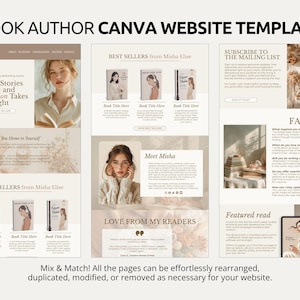 This romance and fiction author website template is built entirely in Canva with a warm neutral beige and cream palette, soft lifestyle photography, and elegant serif fonts. The layout features a hero section, a best sellers display with buy buttons, an author bio with photo, and a featured read section on a tablet mockup. An Instagram-style gallery and coming soon section add personality to your site. No coding is needed to publish your finished website from Canva.