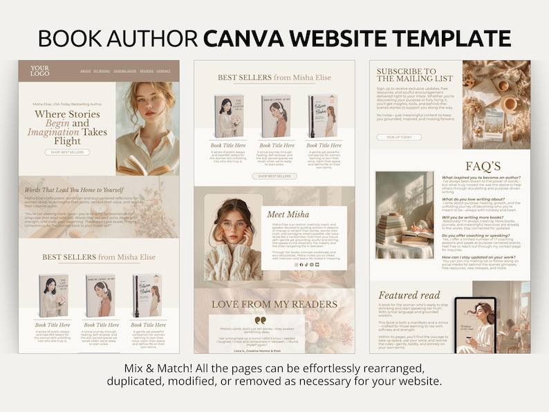 This romance and fiction author website template is built entirely in Canva with a warm neutral beige and cream palette, soft lifestyle photography, and elegant serif fonts. The layout features a hero section, a best sellers display with buy buttons, an author bio with photo, and a featured read section on a tablet mockup. An Instagram-style gallery and coming soon section add personality to your site. No coding is needed to publish your finished website from Canva.