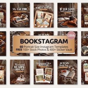 Op de afbeelding: Een verzameling van 60 Instagram-sjablonen in portretformaat voor bookstagram met herfstthema's, open boeken, koffiemokken en knusse texturen. De centrale afbeelding bevat de tekst BOOKSTAGRAM, 60 Portrait Size Instagram Templates, FREE 100+ Stock Photos & 400+ Sticker Vault en een Edit in Canva-badge.