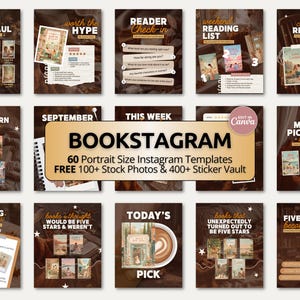 Può includere: Una raccolta di 60 modelli Instagram in formato verticale per amanti dei libri, con sfondi marrone scuro, grafiche di copertine di libri, icone a stella e testi come Monthly Book Haul, Reader Check-in e My Top Picks This Autumn.