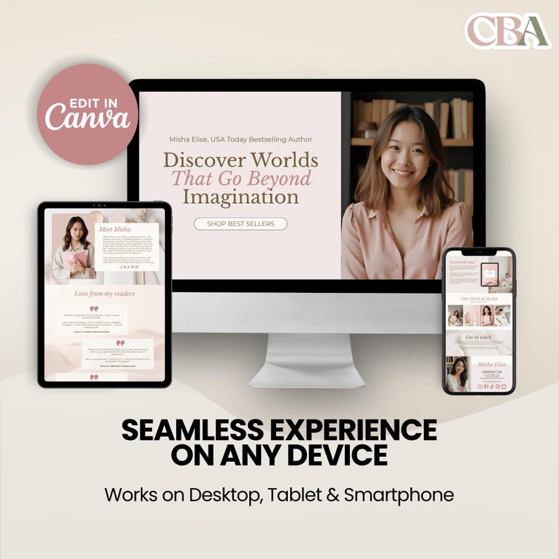 Soft blush Canva template for authors, perfect for showcasing new releases and building a professional online presence.