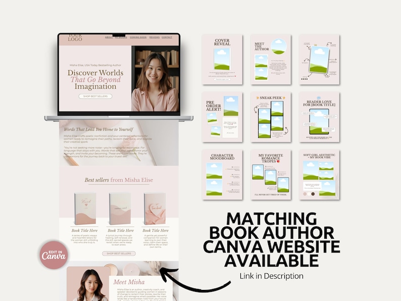 Aesthetic dusty pink Canva templates for book launches with warm blush backgrounds, creamy neutral details, and soft romantic styling. This bundle includes refined layouts for release day posts, audiobook updates, and teaser announcements. The elegant pastel palette creates a welcoming and sophisticated atmosphere throughout the feed. Perfect for building a cohesive romance author brand online.
