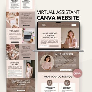 Puede incluir: Diseño de sitio web para un servicio de asistente virtual, mostrado en la pantalla de un portátil. El diseño presenta a una mujer con una blazer rosa, con el texto "Smart Support for Busy Entrepreneurs". Secciones adicionales detallan los servicios.