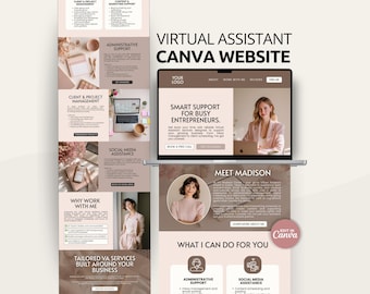Plantilla editable de portafolio de asistente virtual (Canva) para freelancers, diseño de marca personal, landing page moderna para asistentes virtuales.