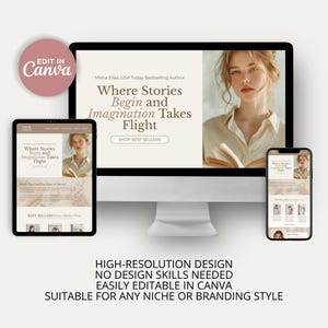 Designed for writers who want a polished online presence, this editable Canva website template uses a neutral beige and taupe color scheme with elegant serif typography and italic script accents. It includes sections for your author intro, best sellers showcase, meet-the-author bio, and reader testimonials, plus a newsletter signup to grow your audience. An FAQ section and photo gallery round out the layout for a complete author hub, ready to publish live in Canva.