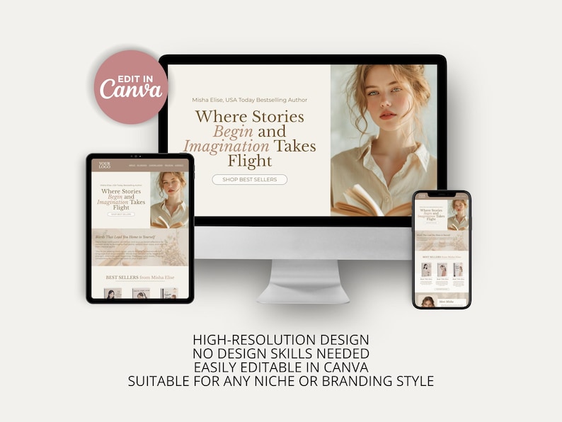 Designed for writers who want a polished online presence, this editable Canva website template uses a neutral beige and taupe color scheme with elegant serif typography and italic script accents. It includes sections for your author intro, best sellers showcase, meet-the-author bio, and reader testimonials, plus a newsletter signup to grow your audience. An FAQ section and photo gallery round out the layout for a complete author hub, ready to publish live in Canva.