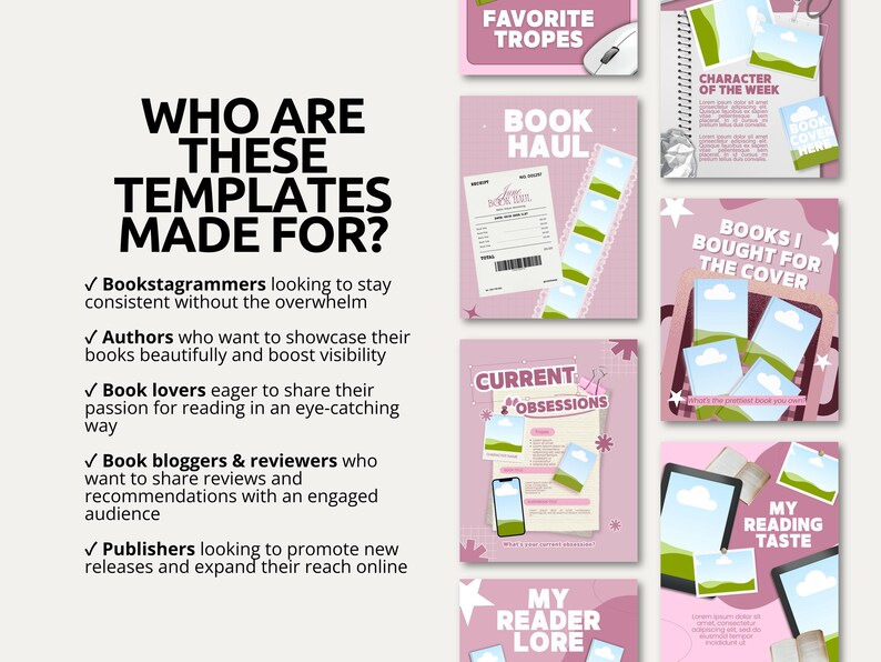 Bold pink Canva carousel bundle for bookish content creators featuring 60 trendy Bookstagram templates. Includes reading playlist, bingo card, reader lore, and quote of the month slides. Designed for romance readers and book bloggers wanting a vibrant aesthetic social media presence. Fully editable in free Canva and instantly downloadable via PDF Canva link for quick access.