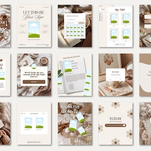 May include: A collection of fifteen digital social media templates for book lovers, featuring neutral beige and brown tones, minimalist typography, and placeholder graphics for book covers, reading challenges, reviews, and TBR lists.