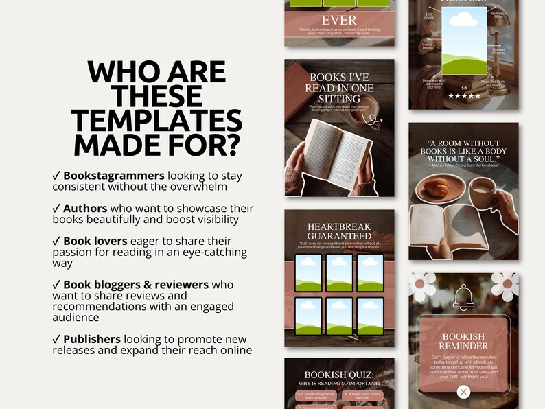 Cozy reading tracker and challenge layouts in muted terracotta for Bookstagrammers. Perfect for authors, bloggers, and content creators building a consistent aesthetic feed.