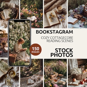 May include: A collage of images with a cozy cottagecore theme, featuring books, flowers, and coffee. The images include a person reading, open books with floral arrangements, and a basket of apples. Text on the image reads "BOOKSTAGRAM COZY COTTAGECORE READING SCENES".