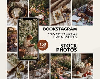 May include: A collage of images with a cozy cottagecore theme, featuring books, flowers, and coffee. The images include a person reading, open books with floral arrangements, and a basket of apples. Text on the image reads "BOOKSTAGRAM COZY COTTAGECORE READING SCENES".