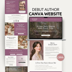 Pode incluir: Um modelo digital para um site de autor estreante com uma tela de laptop exibindo uma página inicial com o texto Debut Author Canva Website. O layout inclui seções para informações de livros, biografia do autor e links de contato.