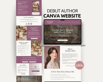 May include: A digital template for a debut author website featuring a laptop screen displaying a homepage with the text Debut Author Canva Website. The layout includes sections for book information, author biography, media resources, and contact links.