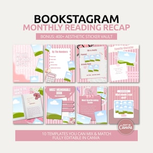May include: A digital product featuring eight pink and white templates for Instagram book reviews. The templates include text such as "Bookstagram Monthly Reading Recap" and "Most Memorable Book." The product also includes a bonus of 400+ aesthetic sticker vault.