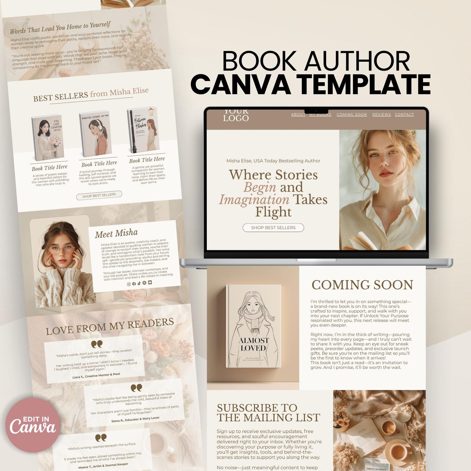 Book Author Website Canva Template, One Page Website for Authors Book