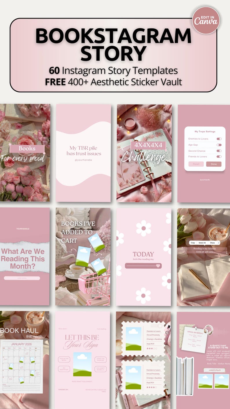 Comprehensive Bookstagram story template bundle for Canva featuring aesthetic pink designs, reading-themed layouts, and engagement-focused content. Ideal for showcasing current reads, completed books, favorite quotes, and community discussions through visually appealing Instagram stories. Designed for book lovers, authors, reviewers, and content creators who want beautiful, customizable templates that enhance audience engagement and brand consistency.