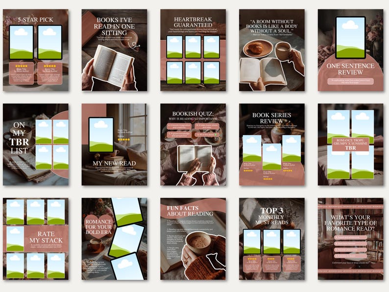Editable sunlit book carousel layouts in warm terracotta tones for creating cohesive Instagram feeds. Ideal for BookTok content, book influencers, and aesthetic literary posts.