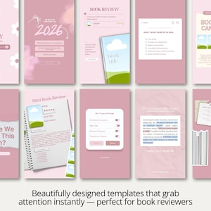 Bookstagram Canva story pack featuring interactive story templates such as polls, quizzes, genre guessing games, and reading prompts. The soft pastel pink color palette creates a dreamy and inviting atmosphere for literary content. Ideal for increasing engagement, connecting with fellow readers, and building a memorable online presence while sharing books, recommendations, and reading experiences.