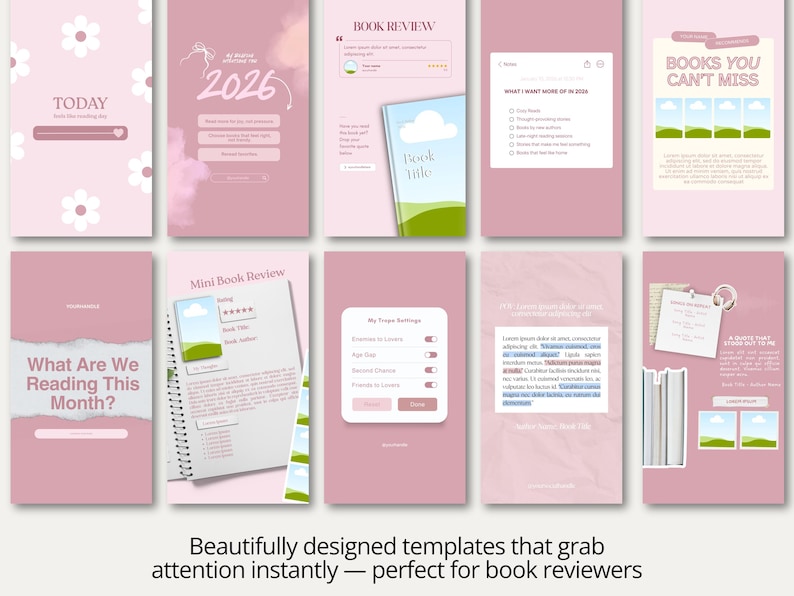 Bookstagram Canva story pack featuring interactive story templates such as polls, quizzes, genre guessing games, and reading prompts. The soft pastel pink color palette creates a dreamy and inviting atmosphere for literary content. Ideal for increasing engagement, connecting with fellow readers, and building a memorable online presence while sharing books, recommendations, and reading experiences.