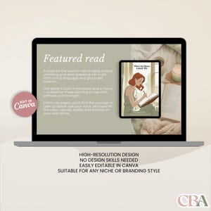 May include: A laptop screen displays a book cover titled "Where the Silence Loved Me" and text that reads "Featured read." The design is easily editable in Canva and suitable for any niche or branding style.
