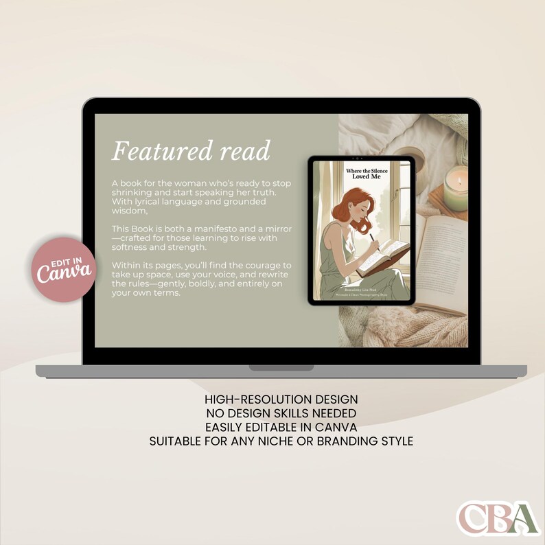 May include: A laptop screen displays a book cover titled "Where the Silence Loved Me" and text that reads "Featured read." The design is easily editable in Canva and suitable for any niche or branding style.