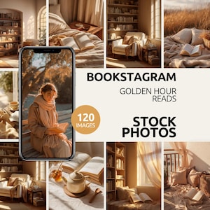 May include: A collage of images with a warm, golden aesthetic. The images include a person reading, books, and cozy interior scenes. Text on the image reads "Bookstagram Golden Hour Reads Stock Photos" and "120 Images".
