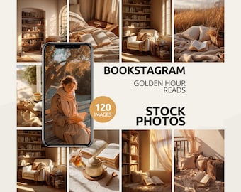 May include: A collage of images with a warm, golden aesthetic. The images include a person reading, books, and cozy interior scenes. Text on the image reads "Bookstagram Golden Hour Reads Stock Photos" and "120 Images".