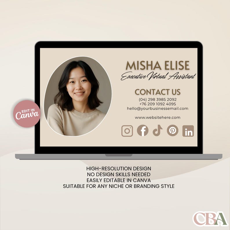 Minimalist Canva website template for virtual assistant portfolio – beige and neutral hues designed for coaches, consultants, and small businesses.