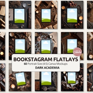 Könnte beinhalten: Zwölf digitale Mockups von Tablets mit einem Landschaftsbild, umgeben von Büchern, Kerzen und antiken Gegenständen. Der Text auf dem Bild lautet "BOOKSTAGRAM FLATLAYS" und "DARK ACADEMIA".