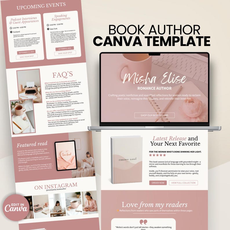 Pink Canva website template for authors and writers book launch page