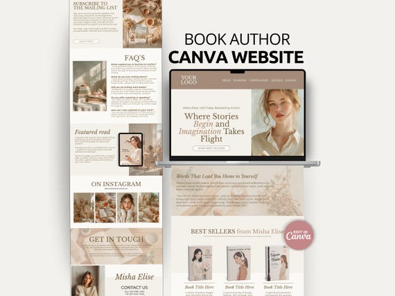 Book Author Website Canva Template One Page Author Site Book Launch Portfolio Writer Branding Design Blog Homepage Layout for Writers Bundle