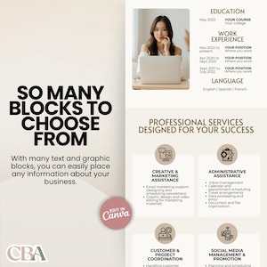 Customizable Canva website template for VA portfolio, bio link, and landing page with modern neutral beige aesthetic.