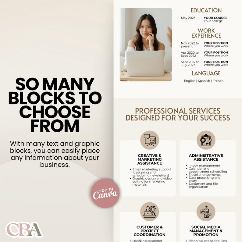 Customizable Canva website template for VA portfolio, bio link, and landing page with modern neutral beige aesthetic.