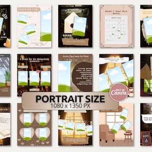 Vintage-inspired reading content templates for Bookstagram and BookTok creators. This cozy brown Canva pack features literary-themed layouts with bookshelves, coffee mugs, notebooks, warm lighting, and scrapbook elements. Designed for sharing book reviews, TBR lists, favorite authors, reading reflections, and community discussions. The aesthetic combines soft academia charm with a warm, nostalgic library atmosphere.