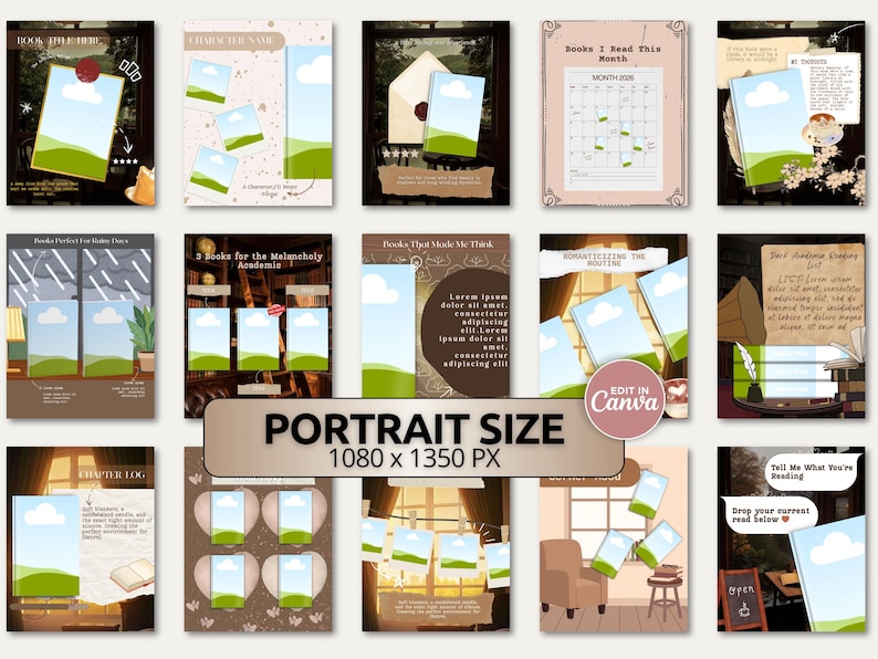 Vintage-inspired reading content templates for Bookstagram and BookTok creators. This cozy brown Canva pack features literary-themed layouts with bookshelves, coffee mugs, notebooks, warm lighting, and scrapbook elements. Designed for sharing book reviews, TBR lists, favorite authors, reading reflections, and community discussions. The aesthetic combines soft academia charm with a warm, nostalgic library atmosphere.