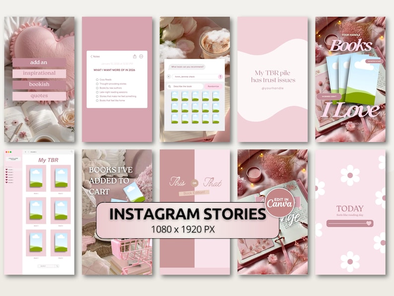 Editable Canva story templates for Bookstagram featuring reading challenge graphics, book recommendation layouts, and interactive engagement stories. The design uses blush pink, warm cream, and pastel tones to create a cozy and inviting visual style. Ideal for book bloggers, reading communities, BookTok creators, and authors who want beautiful Instagram story content that encourages audience interaction and engagement.