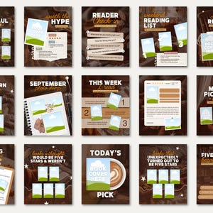 May include: A set of fifteen digital social media templates for book tracking, featuring brown-toned backgrounds with placeholders for book covers, star ratings, and text prompts like Monthly Book Haul, Reader Check-in, and My Top Picks This Autumn.