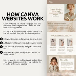 Ideal for self-published and indie authors, this one-page Canva website template combines a soft neutral beige palette with elegant serif and italic script typography for a refined, editorial feel. The design includes a hero banner with a shop button, a best sellers showcase, a meet-the-author section, and a reader testimonials block. A mailing list signup and FAQ section help you connect with readers. The template is customizable in Canva and publishes as a live, mobile-responsive site.