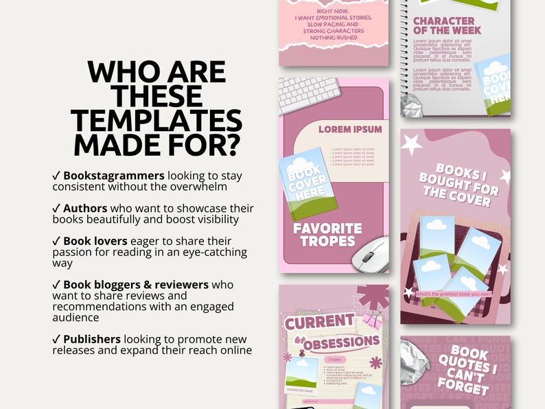Bold pink Canva story bundle for bookish content creators featuring 60 trendy Bookstagram Instagram story templates. Includes reading playlist, author Q&A, book launch party, and quote story slides for daily posting. Designed for romance readers and book bloggers wanting a vibrant aesthetic Instagram story presence online. Fully editable in free Canva and instantly downloadable via PDF Canva link for quick story access.