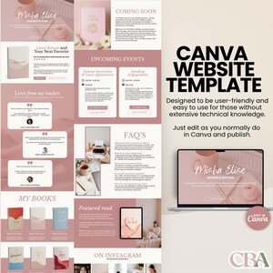 Feminine one-page author website template for Canva Free and Pro