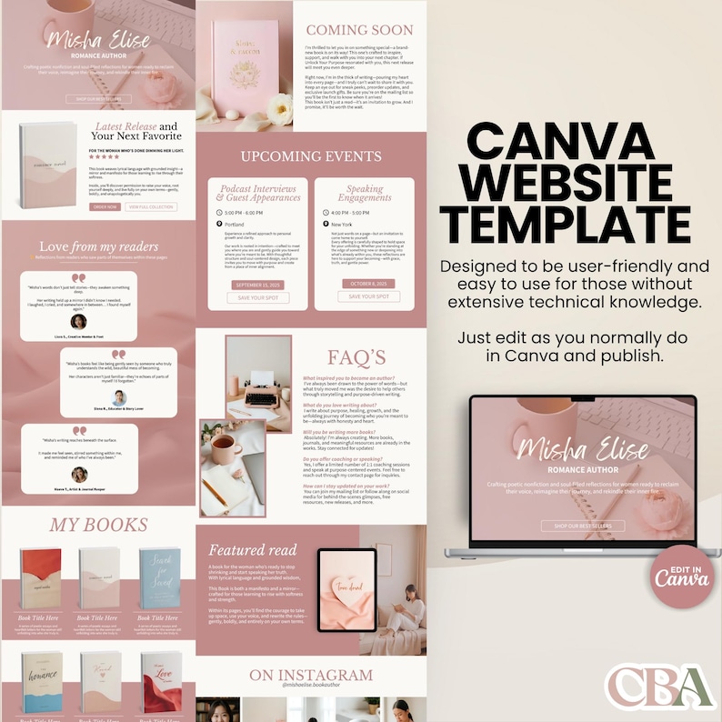 Feminine one-page author website template for Canva Free and Pro