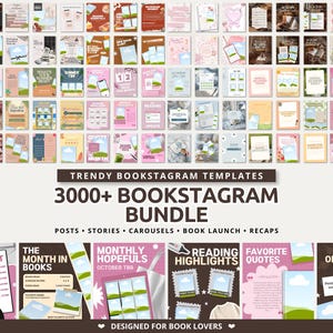 Może przedstawiać: Cyfrowa kolekcja ponad 3000 szablonów bookstagramowych z różnorodnymi układami dla postów, relacji i karuzel. Zestaw zawiera różne projekty z tekstem, takim jak The Month in Books, Monthly Hopefuls, Reading Highlights oraz Favorite Quotes.