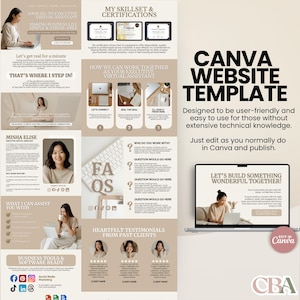 Customizable Canva portfolio website template in beige for freelancers, social media managers, and online service-based businesses.