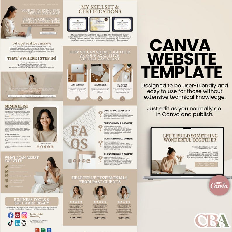 Customizable Canva portfolio website template in beige for freelancers, social media managers, and online service-based businesses.