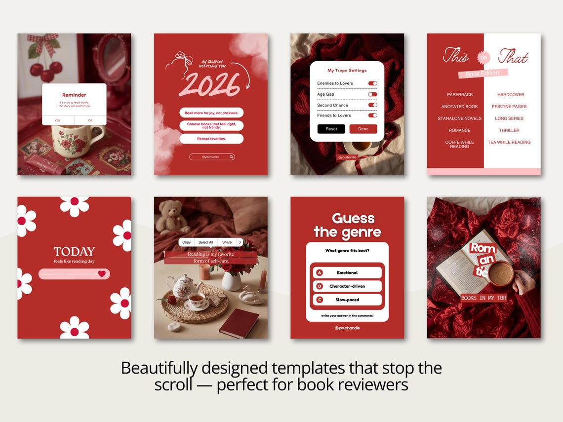 Trendy Red & White Romance Bookstagram Carousel Templates Bookish Book