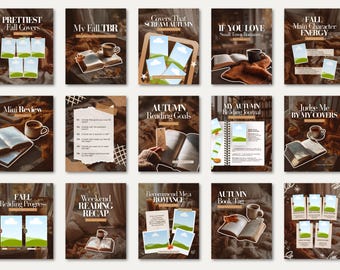May include: A collection of fifteen digital social media templates featuring autumn-themed aesthetics with warm brown tones, books, coffee mugs, and blank photo frames. The text includes titles like Prettiest Fall Covers, My Fall TBR, and Autumn Reading Goals.