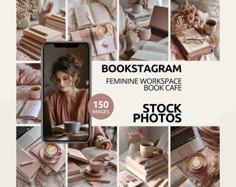 May include: A collage of images with a feminine workspace theme. The images feature books, coffee, laptops, and a woman reading. Text includes "BOOKSTAGRAM", "FEMININE WORKSPACE BOOK CAFE", and "STOCK PHOTOS".