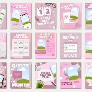 Bold pink aesthetic bookish carousel template bundle designed for Bookstagram content creators. Features viral-ready reading content including book haul, star rating review, and reading goal tracker slides. Fully customizable in Canva with drag and drop editing. Ideal for book lovers who want a cohesive trendy pink Instagram feed.