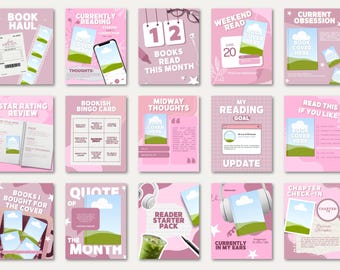 Puede incluir: Un conjunto de quince plantillas digitales para redes sociales en tonos rosados, que presentan varios diseños temáticos sobre libros, incluyendo registros de lectura, tarjetas de bingo y rastreadores con espacios para portadas.